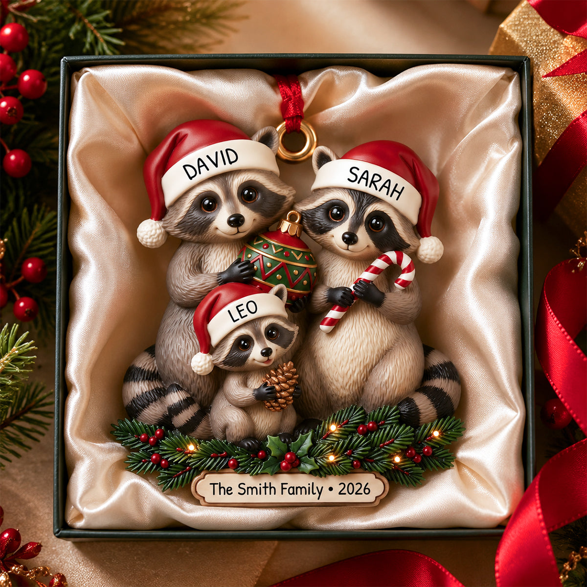 "Lovely Raccoon Family" – Personalized Acrylic Ornament | Christmas Gift For Families