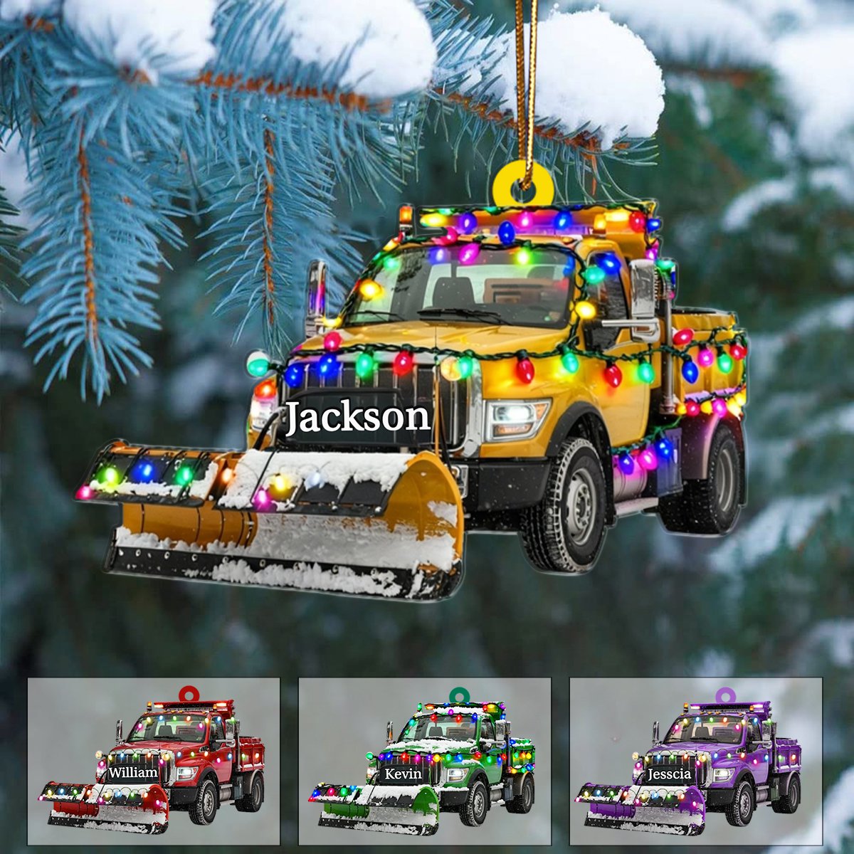 Personalized Snow Blower Truck Ornament, Christmas Light Ornament