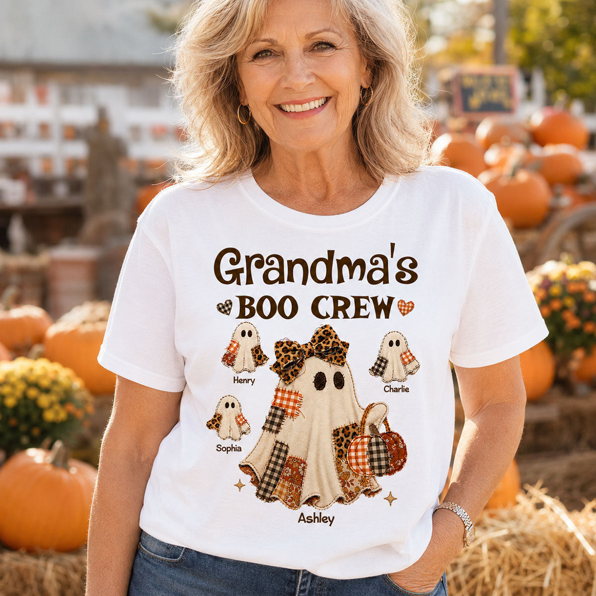 "Grandma's Fall Halloween" – Coquette Faux Patchwork Pattern Shirt | Personalized Gift For Grandma