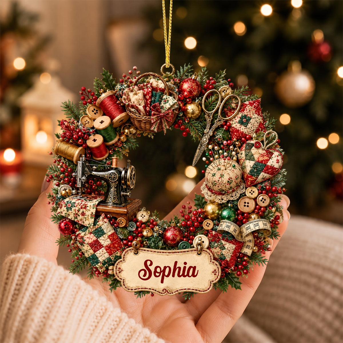 Retro Sewing Machine Personalized Wreath Ornament Gift for Sewing Lovers