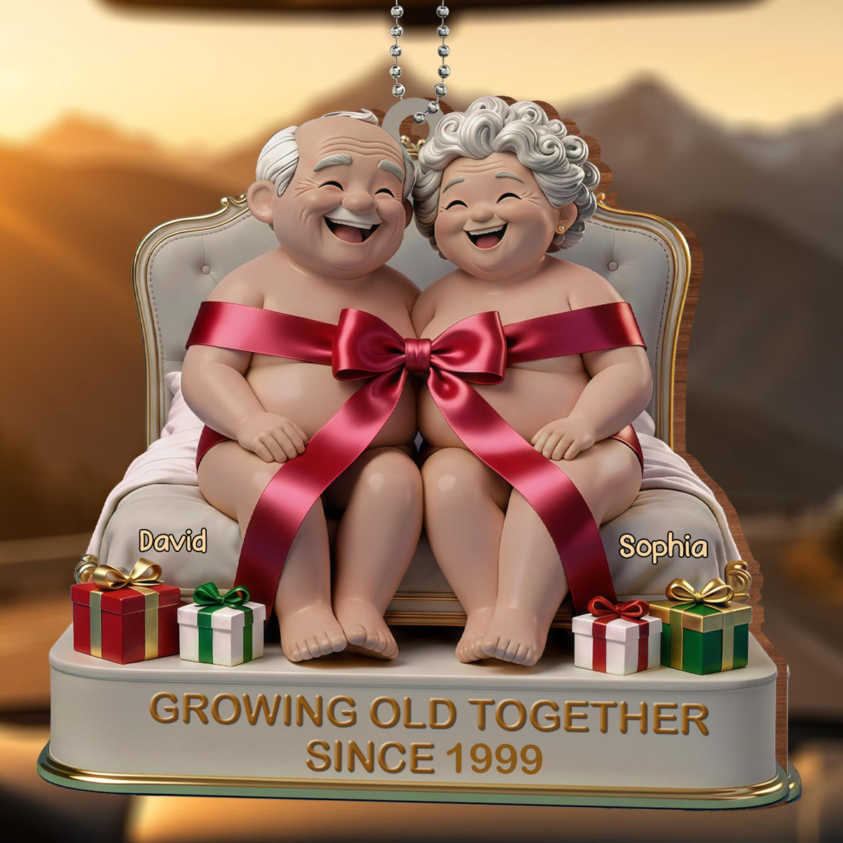 Growing Old Together, Elderly Couple With Gifts, Personalized Car Hanging Ornament