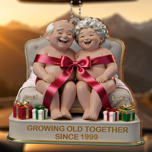 Growing Old Together, Elderly Couple With Gifts, Personalized Car Hanging Ornament
