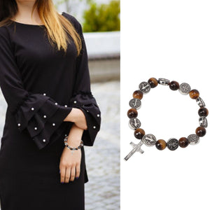 Cross Rosary Bracelet-Tiger Eye Beads