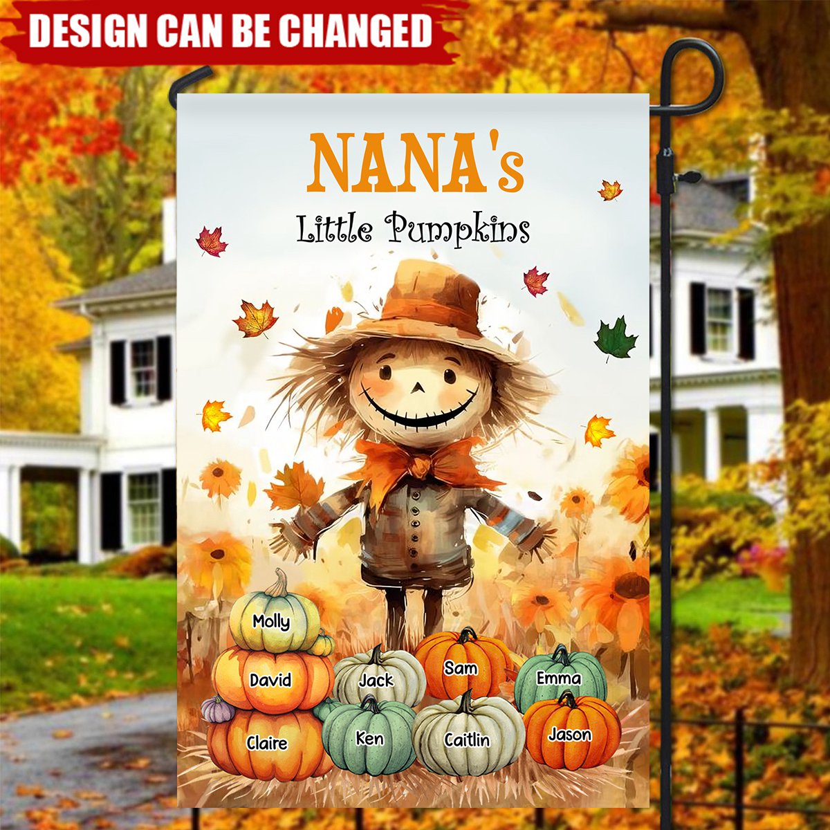 Grandma's Little Pumpkins Scarecrow Standing With Pumpkins Around Personalized Flag