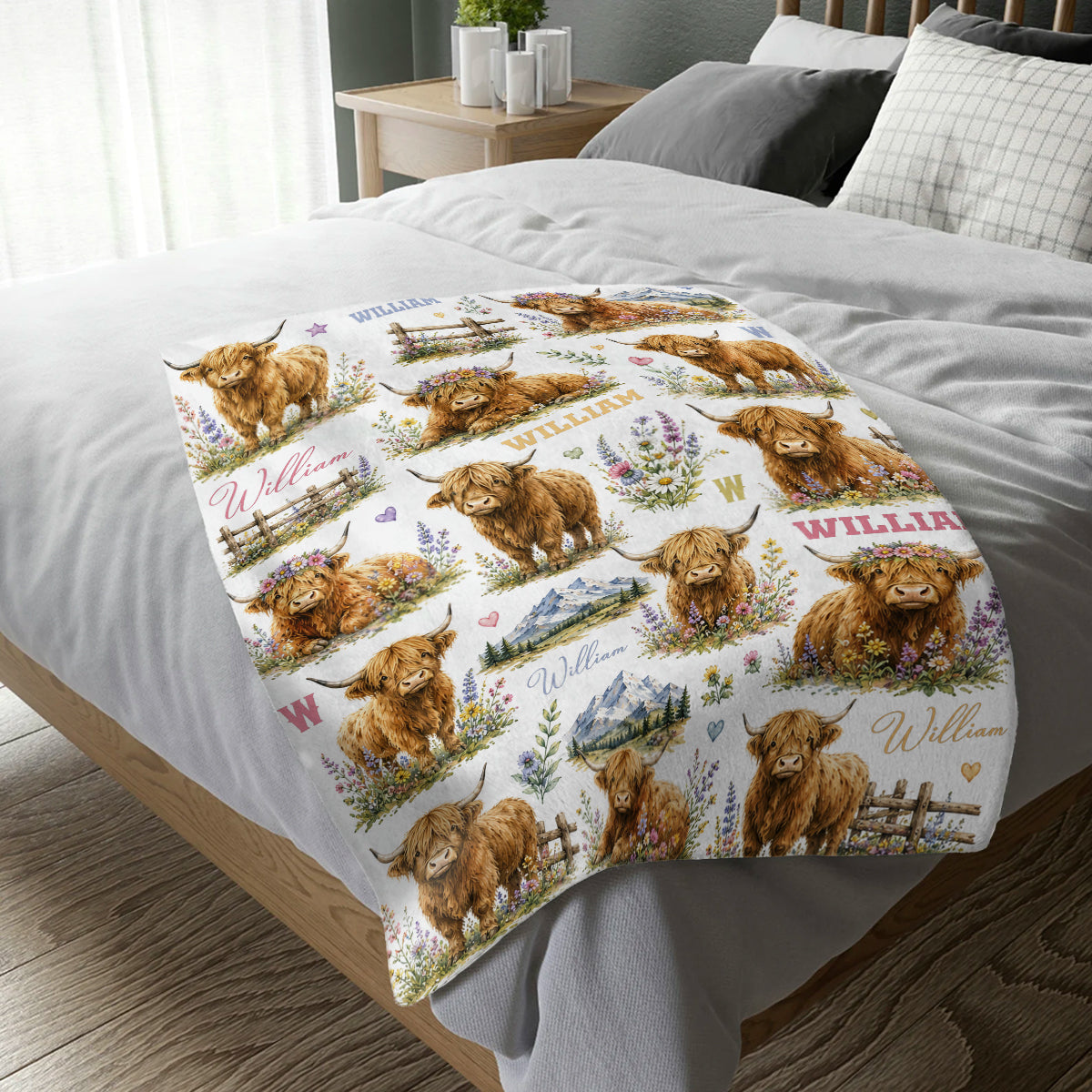 Personalized Highland Cow Baby Blanket – Custom Name Floral Design | Cute Nursery Decor & Baby Shower Gift For Boy Or Girl