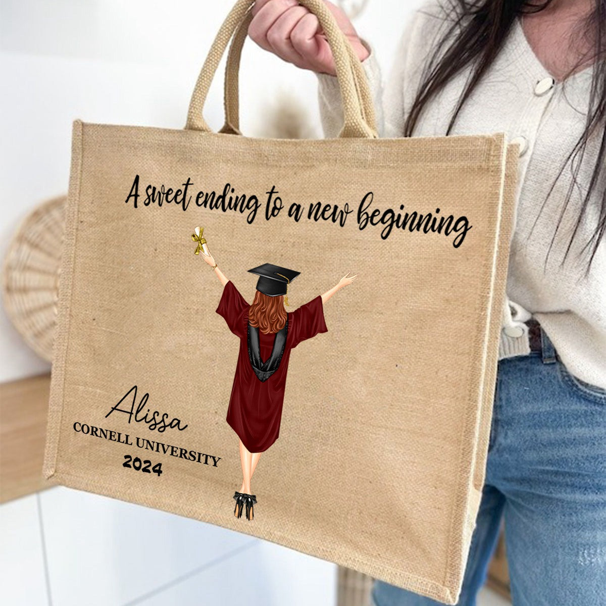 A Sweet Ending To A New Beginning - Personalized Jute Tote Bag - Graduation Gift