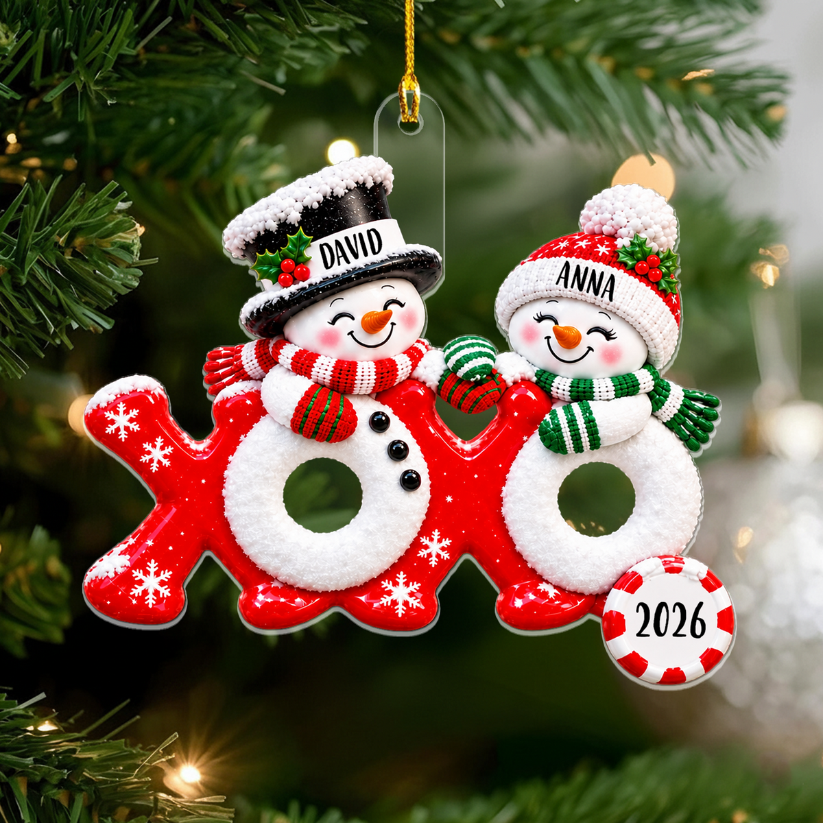 Personalized Snowman Couple XOXO Acrylic Ornament – Christmas Keepsake Gift For Couples