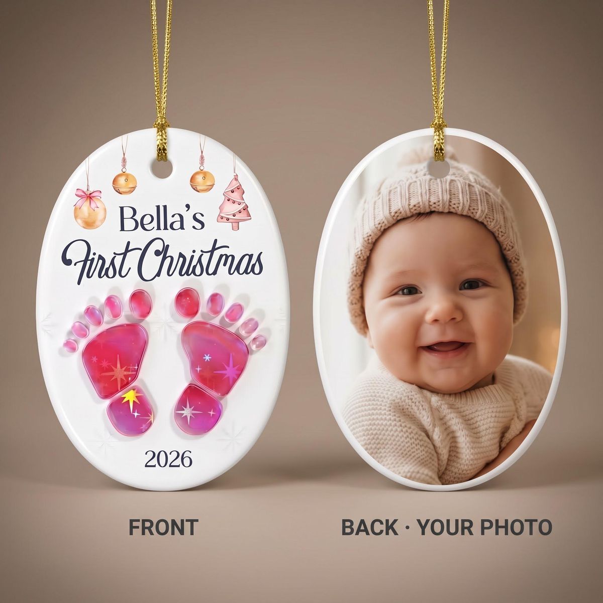 Baby’s First Christmas – Personalized Photo Ceramic Ornament | Custom Name, Year & Footprint Keepsake For Newborns & New Parents
