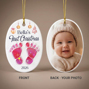 Baby’s First Christmas – Personalized Photo Ceramic Ornament | Custom Name, Year & Footprint Keepsake For Newborns & New Parents