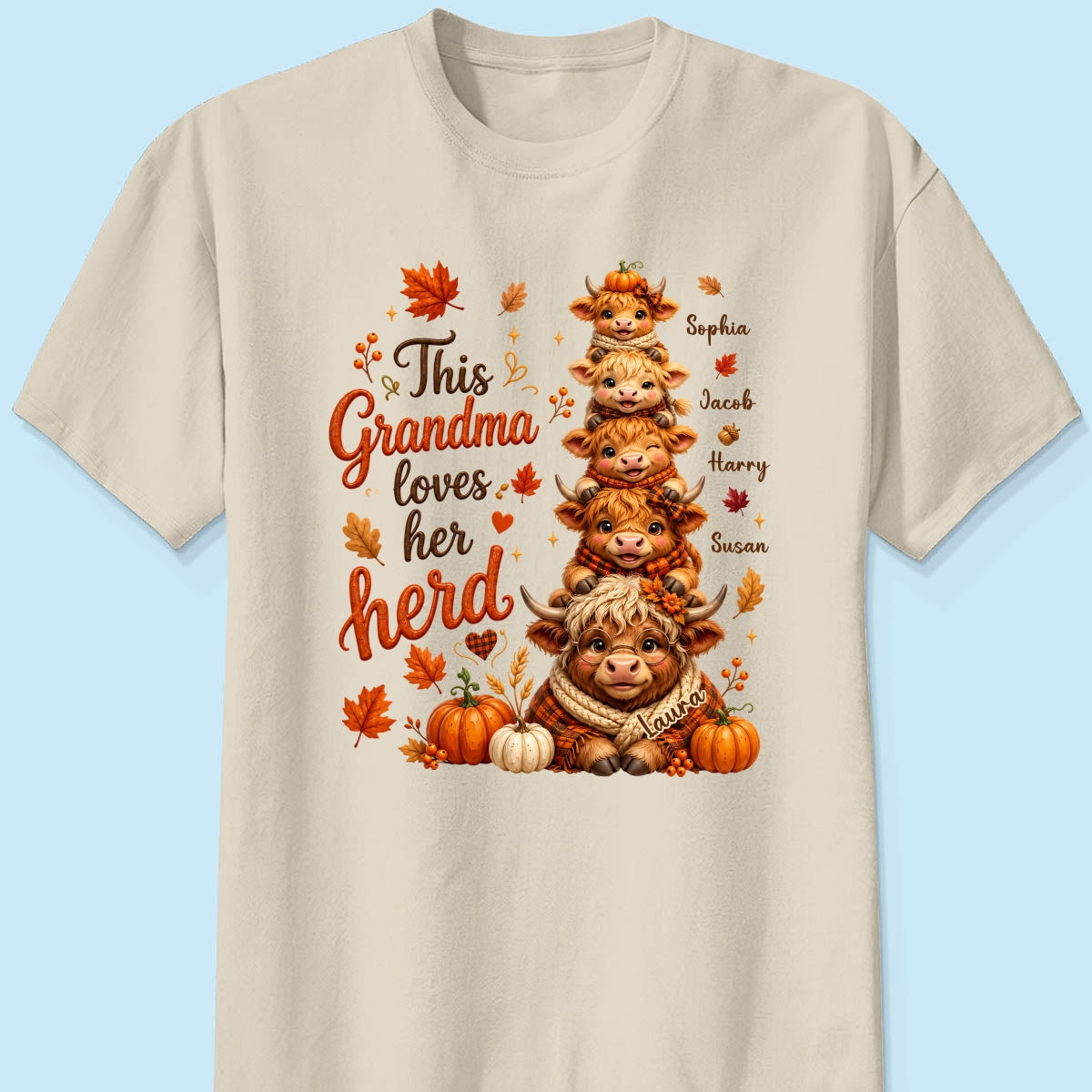 Personalized Grandma & Grandkids Highland Cow T-Shirt – Gift For Grandma