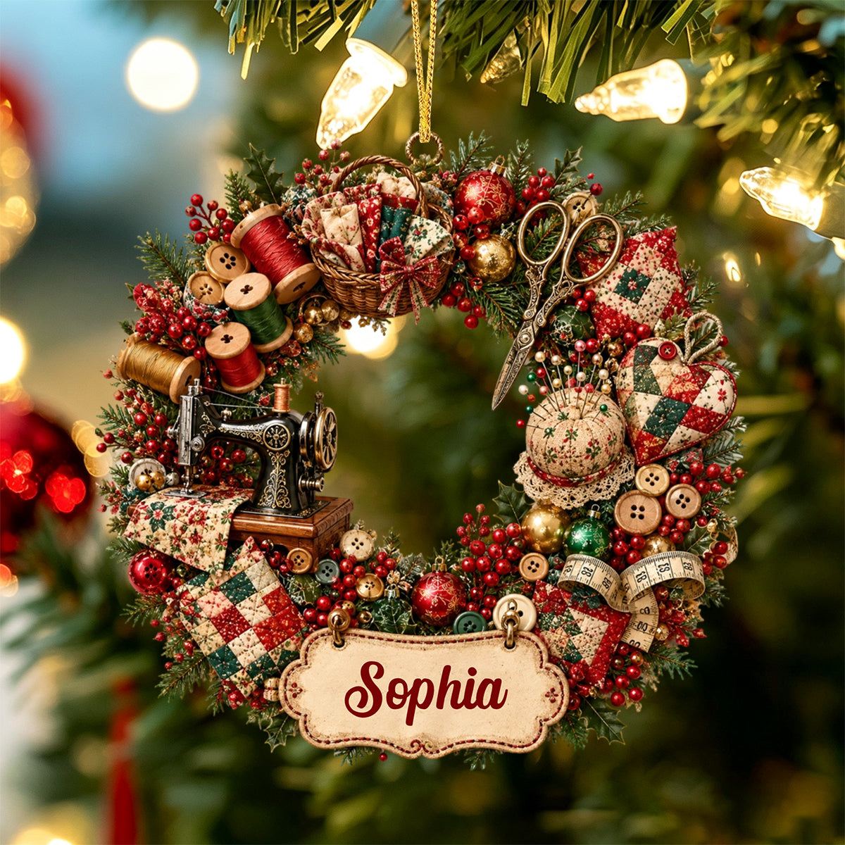 Retro Sewing Machine Personalized Wreath Ornament Gift for Sewing Lovers