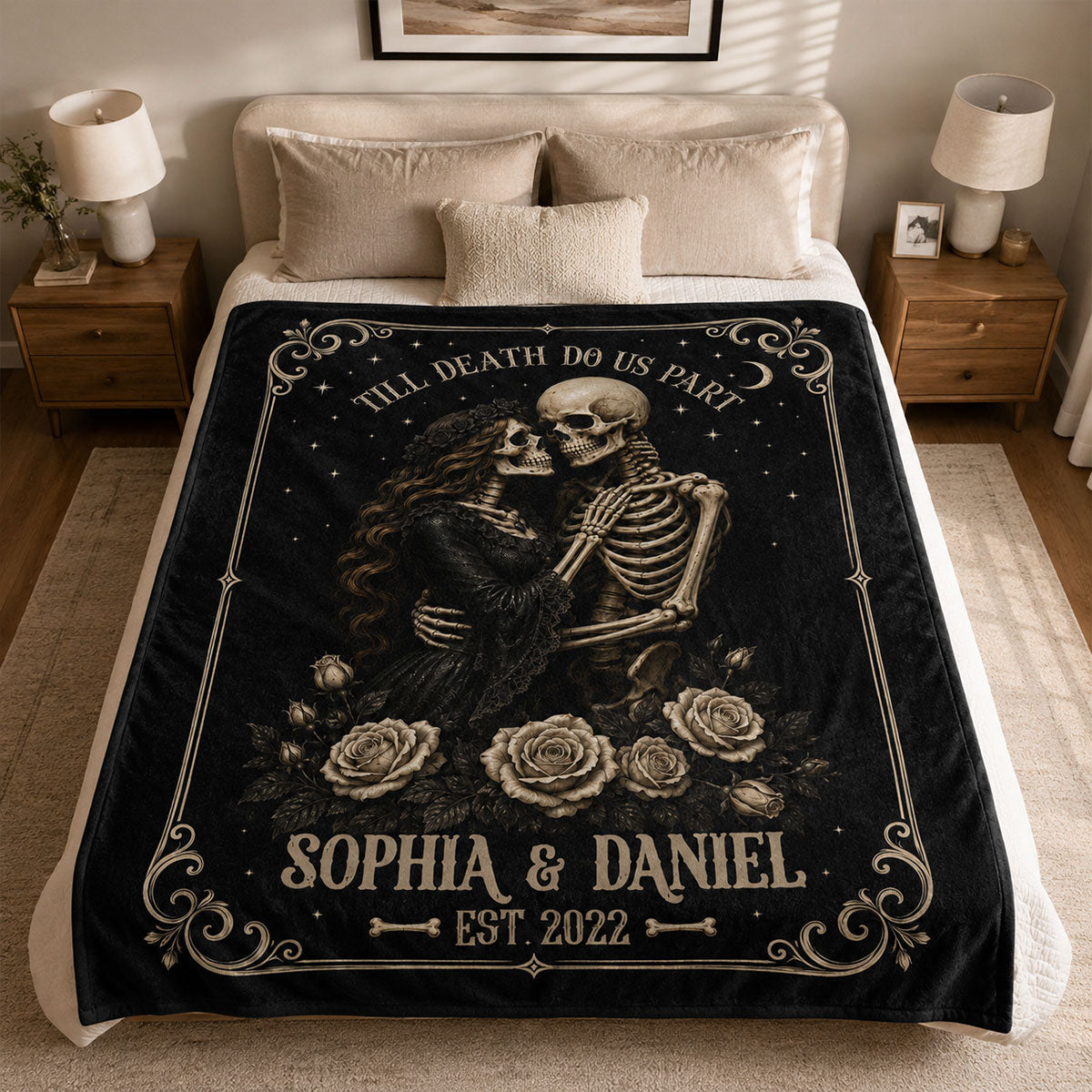 Personalized "Till Death Do Us Part" Skeleton Blanket – Spooky Goth Halloween Gift For Couples