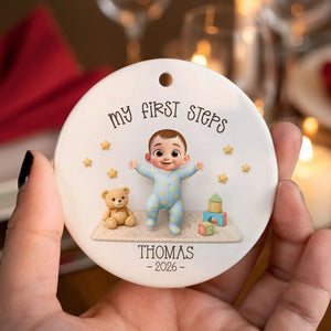 "Baby's First Steps – Learned To Walk" – Personalized Ceramic Ornament | Milestone Christmas Keepsake