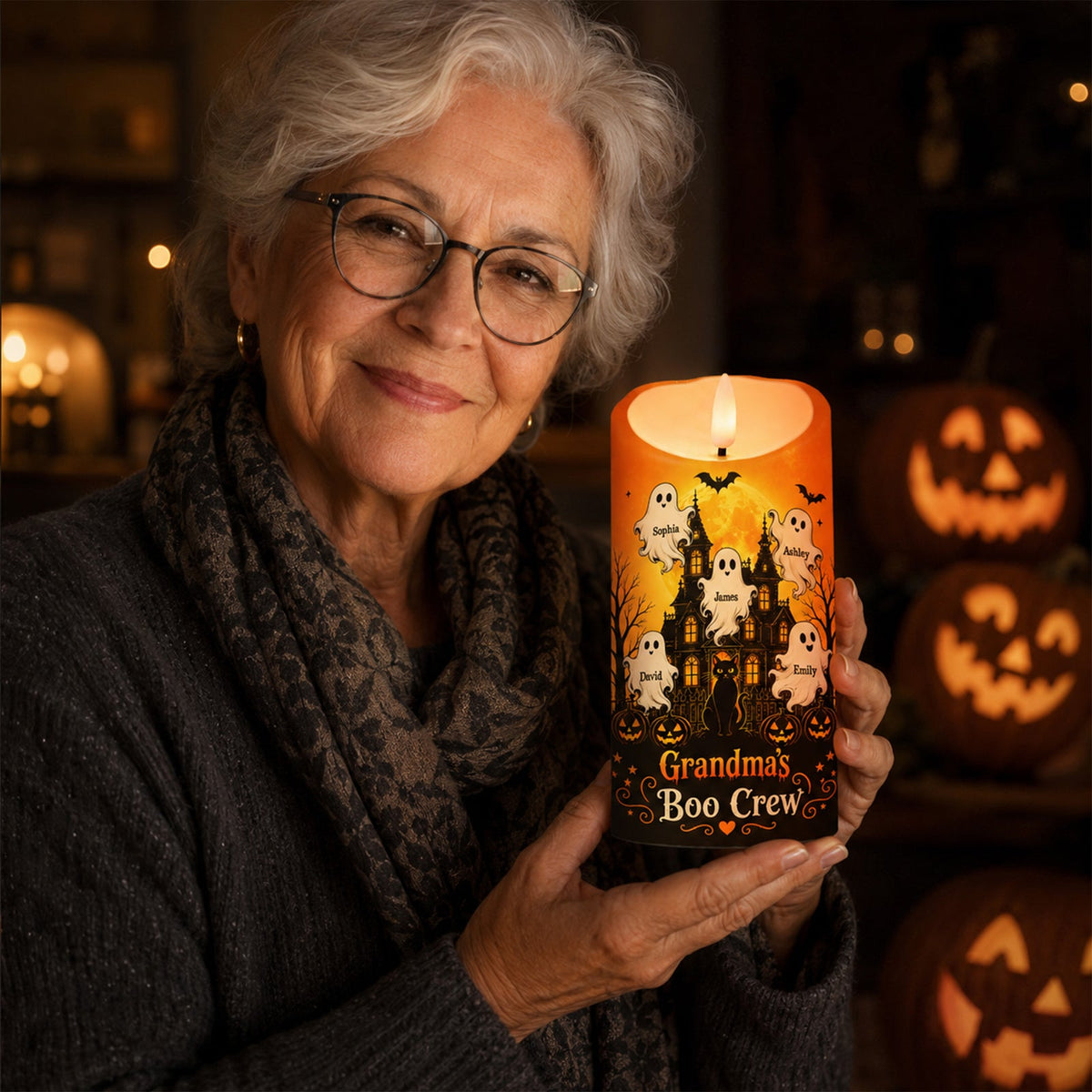 "Grandma's Little Boo Crew" Haunted House – Personalized LED Candle | Halloween Decor For Grandma