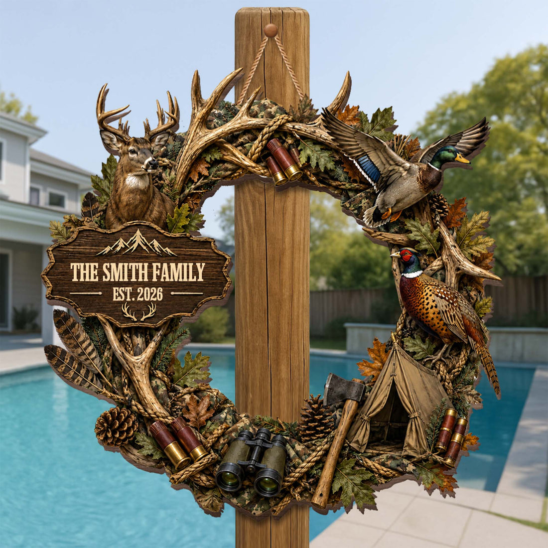 "Our Family Hunting" – Personalized Wood Sign Wreath | Gift For Hunters & Outdoorsmen