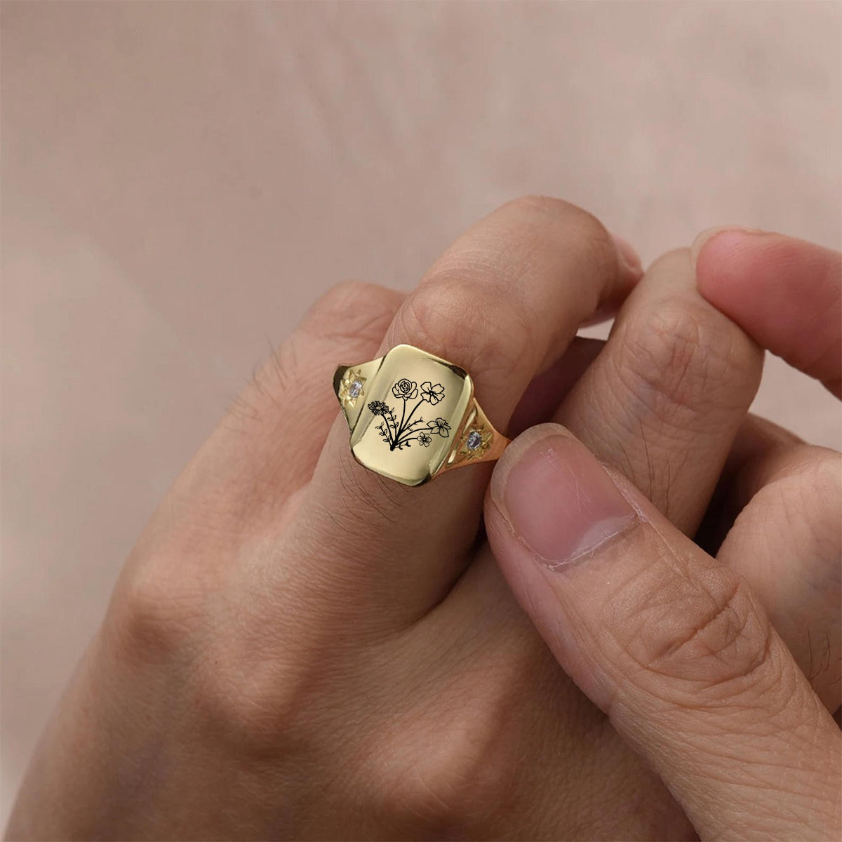 Personalized Birth flower gold ring, Statement flower rings for women, Minimalist ring