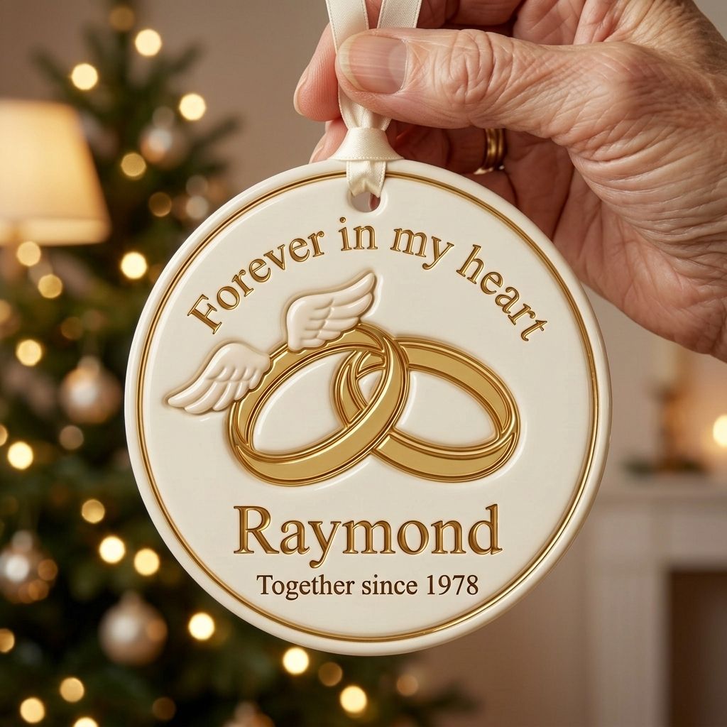 Forever In My Heart – Personalized Wedding Rings Memorial Ceramic Ornament | Custom Husband’s Name & Wedding Year | Sympathy Gift For A Widow