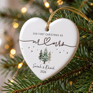 Personalized "Our First Christmas As Mr. & Mrs." Heart Ceramic Ornament – Custom Couple Names & Year | Minimalist Newlywed Keepsake