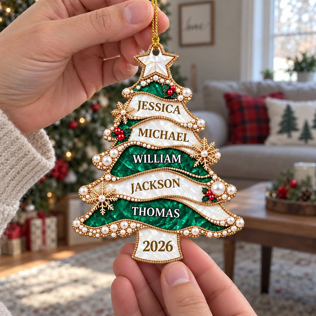 Personalized Golden Pearl Christmas Tree Acrylic Ornament – Custom Holiday Keepsake Gift