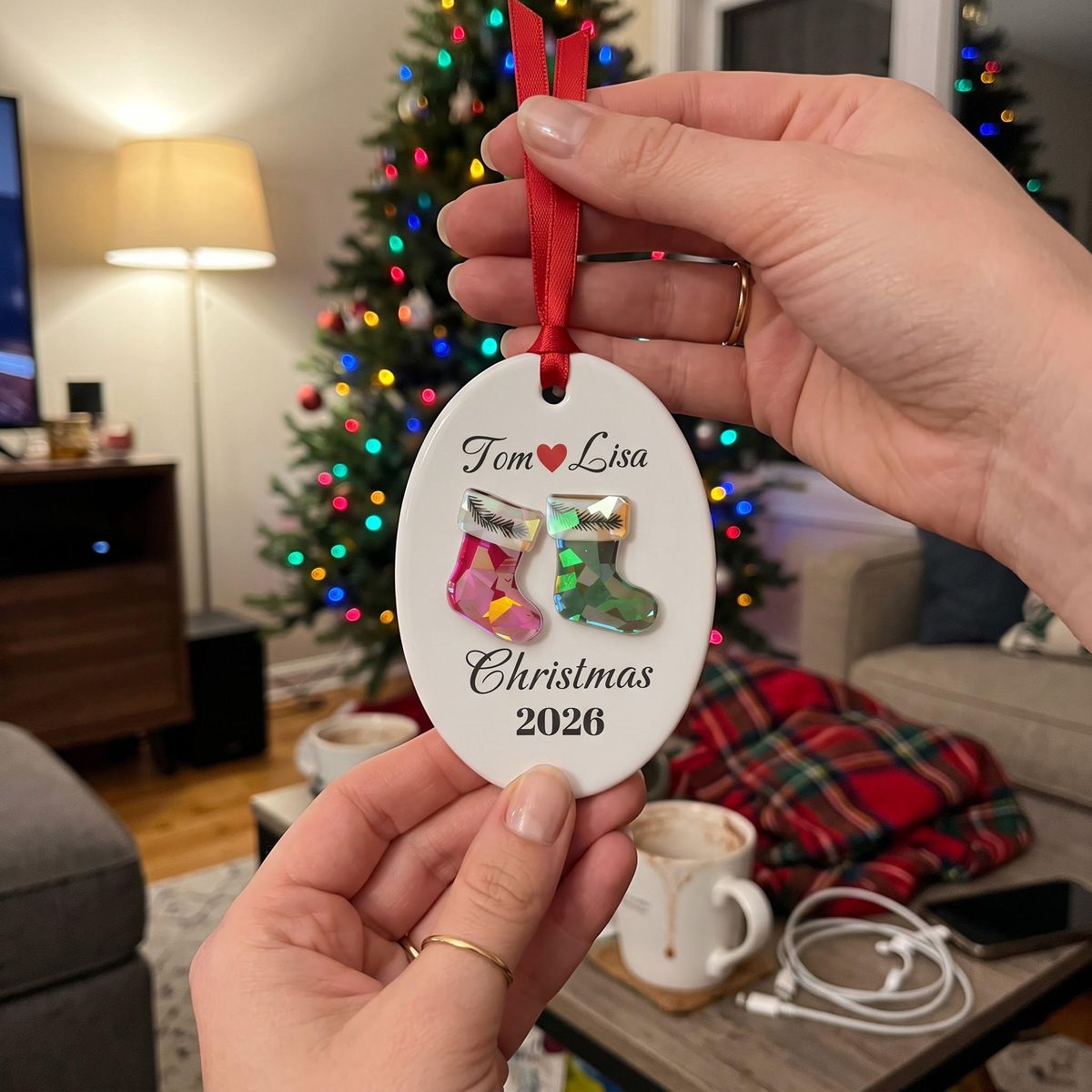 Personalized Couple Christmas Ceramic Ornament – Custom Names, Year & Photo | First Christmas Together Keepsake For Husband & Wife
