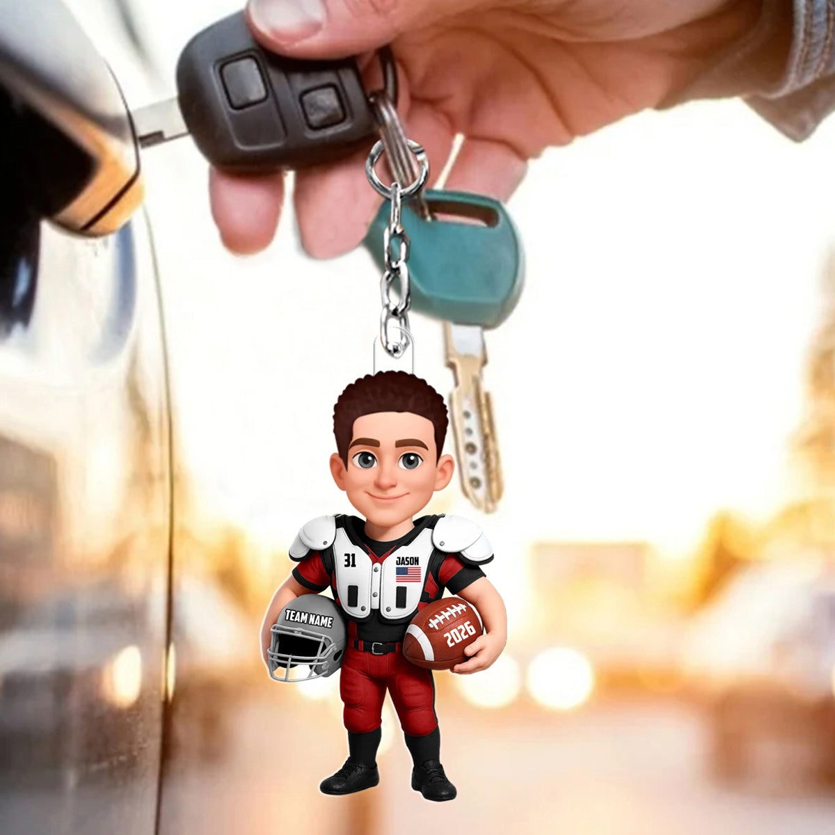 Proud American Football Player - Personalized Acrylic Keychain - Gift For Football Lovers, Grandson, Son, Husband