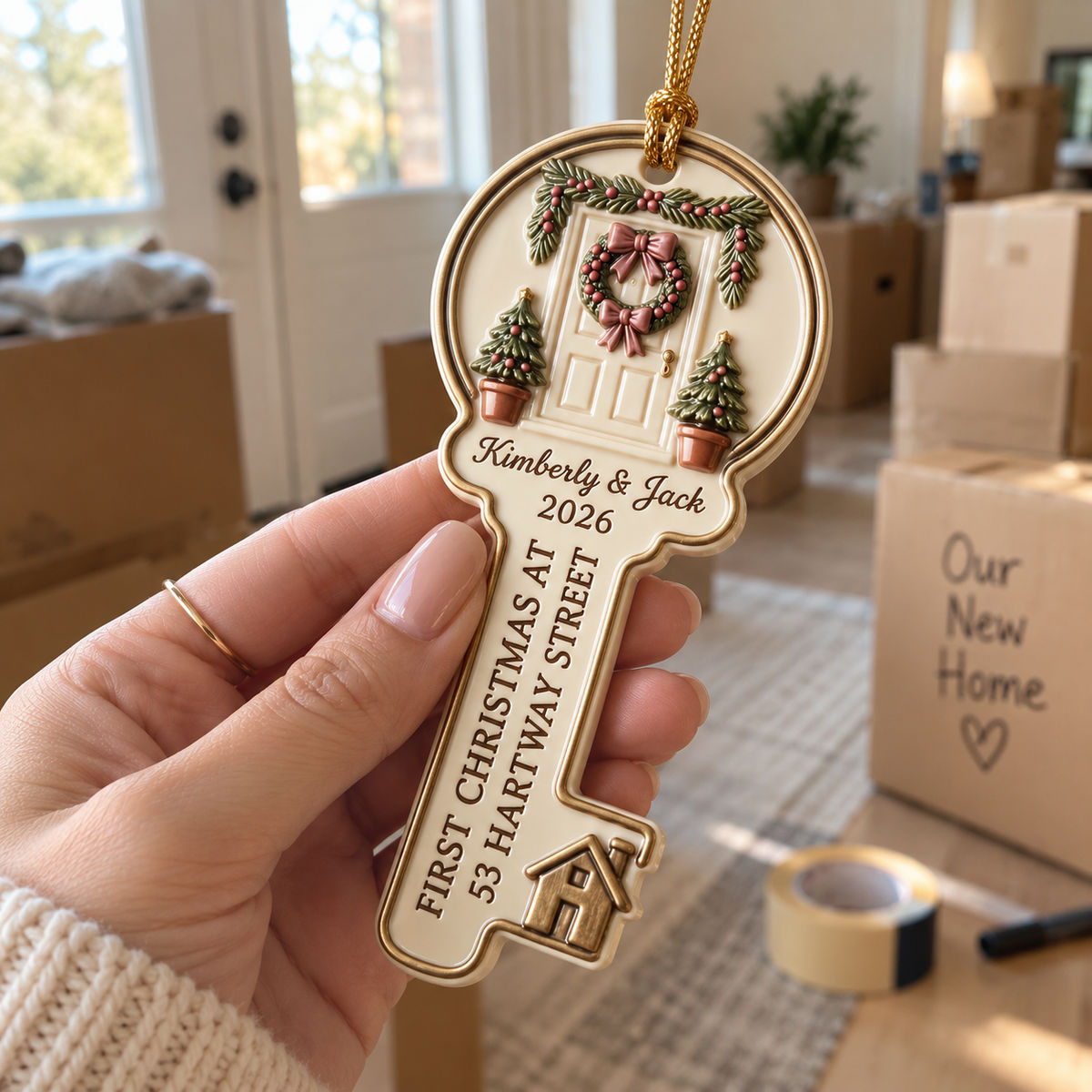 First Christmas In Our New Home – Personalized Key Acrylic Ornament | Custom Names, Address & Year Housewarming Keepsake