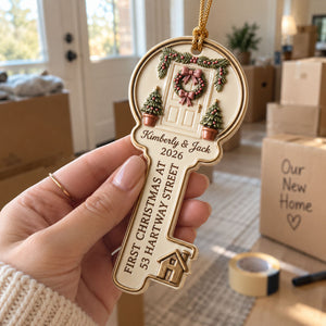 First Christmas In Our New Home – Personalized Key Acrylic Ornament | Custom Names, Address & Year Housewarming Keepsake