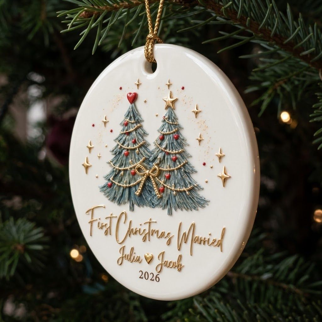 Personalized First Christmas Married Ornament – Custom Couple Names & Year, Two Christmas Trees Keepsake For Newlyweds, Mr & Mrs Gift 2026