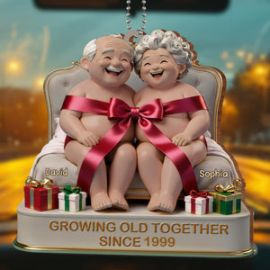 Growing Old Together, Elderly Couple With Gifts, Personalized Car Hanging Ornament