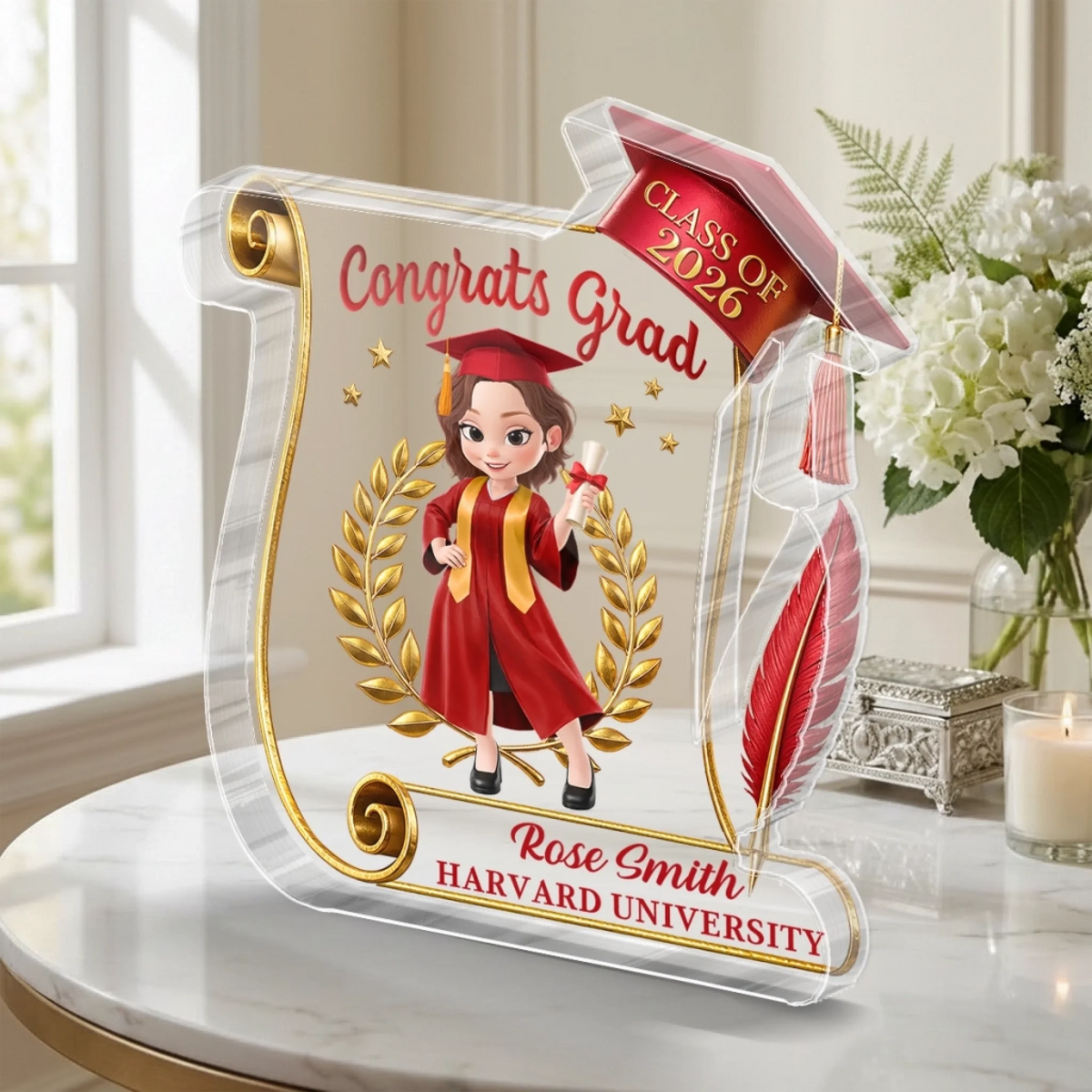 Personalized Graduation Acrylic Plaque – "Her Success Story Begins Here" – Gift For Him & Her