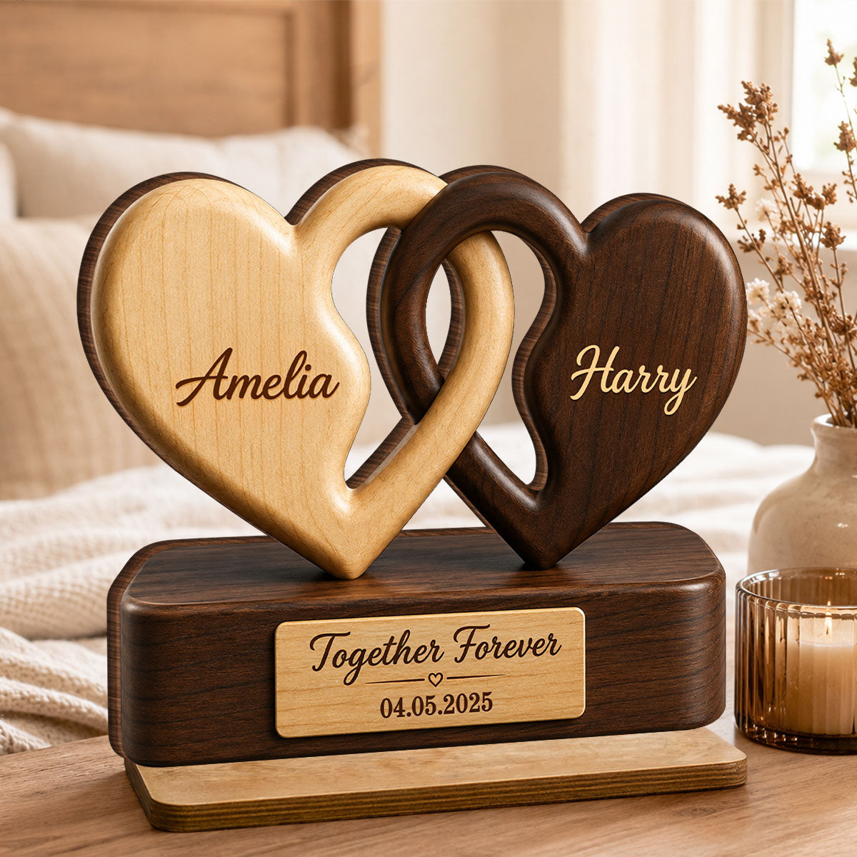 "Interlocking Hearts" Romantic Couple – Personalized Wooden Plaque | Anniversary Gift For Couples