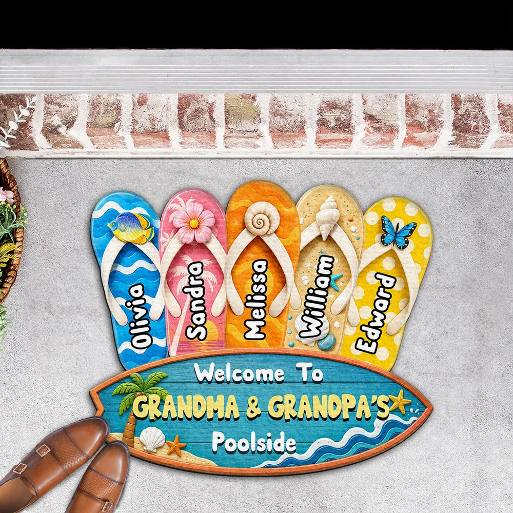 Summer Beach House Decor – Personalized "Flip Flop Family" Custom Doormat