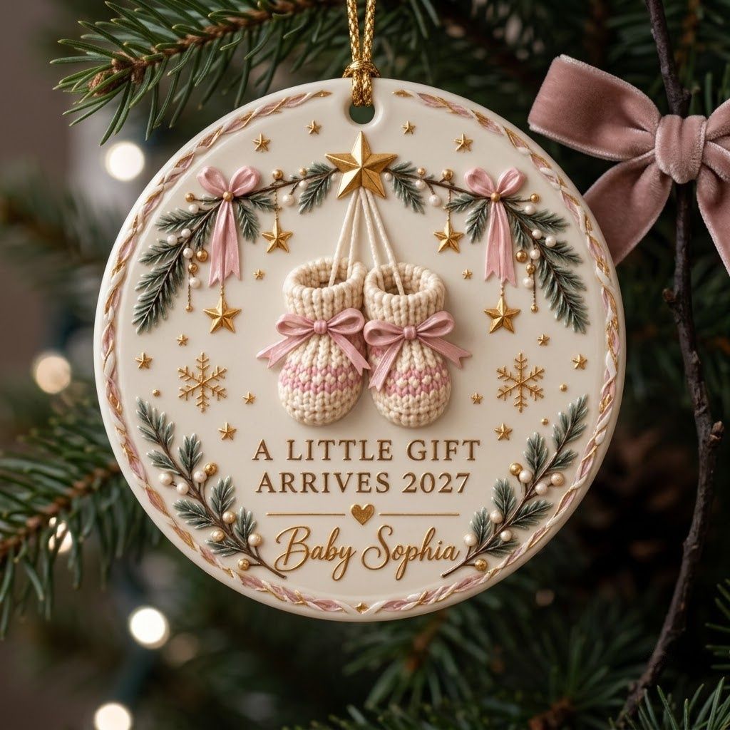 Personalized "A Little Gift Arrives 2027" Ornament – Custom Baby Name Knit Booties Pregnancy Announcement Keepsake In Pink for Christmas
