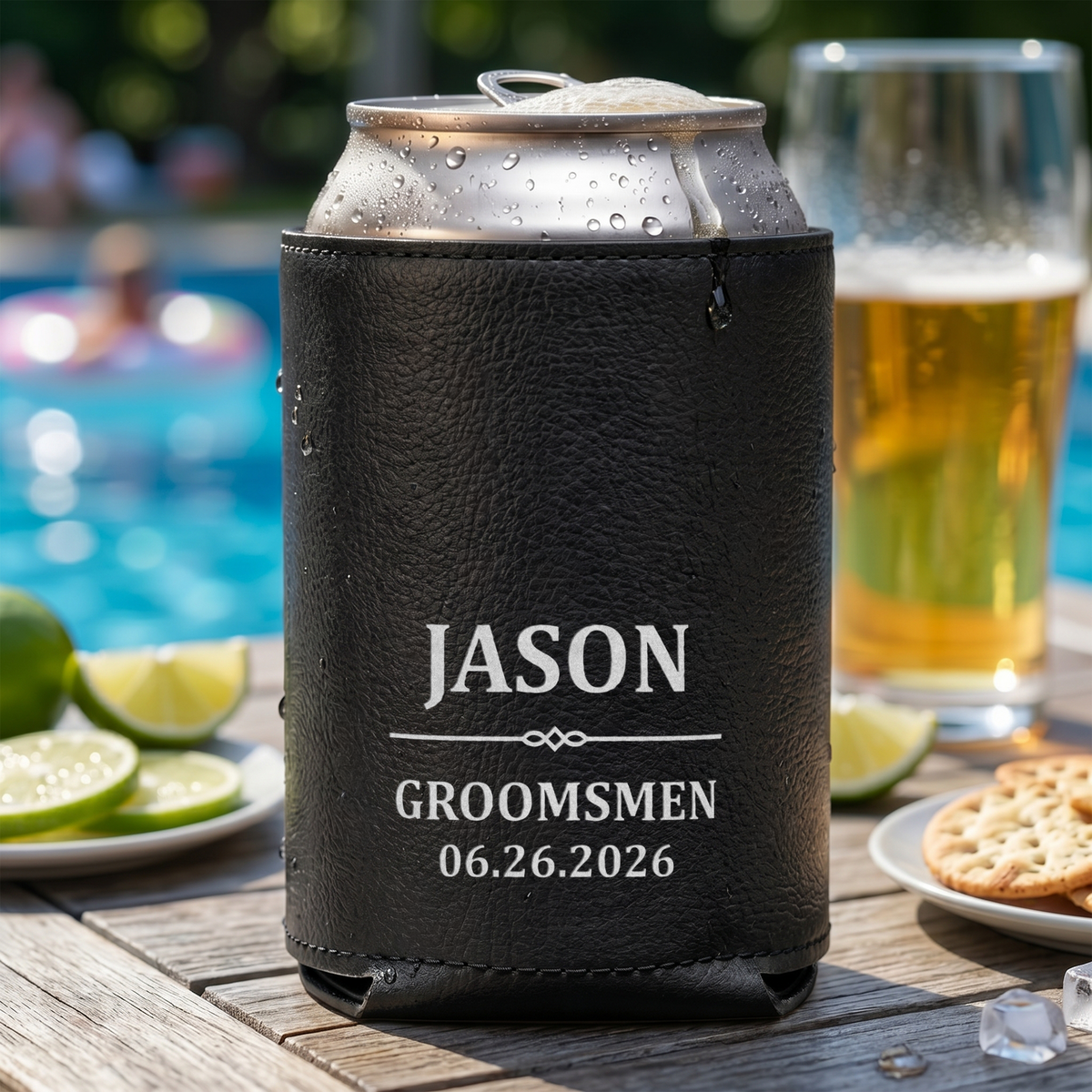Wedding Party Favor – Personalized Engraved Can Cooler With Name & Date