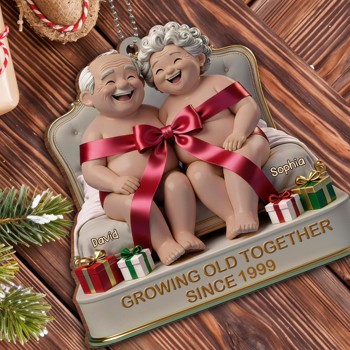 Growing Old Together, Elderly Couple With Gifts, Personalized Car Hanging Ornament