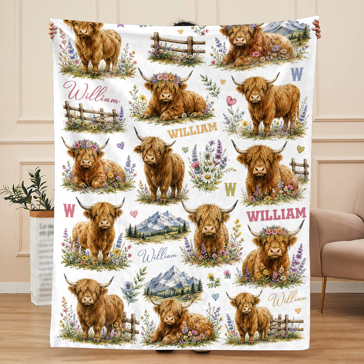 Personalized Highland Cow Baby Blanket – Custom Name Floral Design | Cute Nursery Decor & Baby Shower Gift For Boy Or Girl
