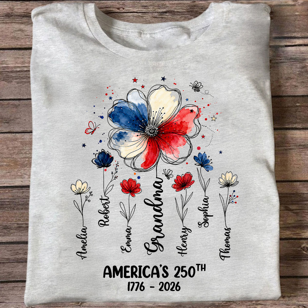 Personalized "Proud Mom & Grandma" Shirt – American 250th Anniversary Flowers | Gift For Mom & Grandma