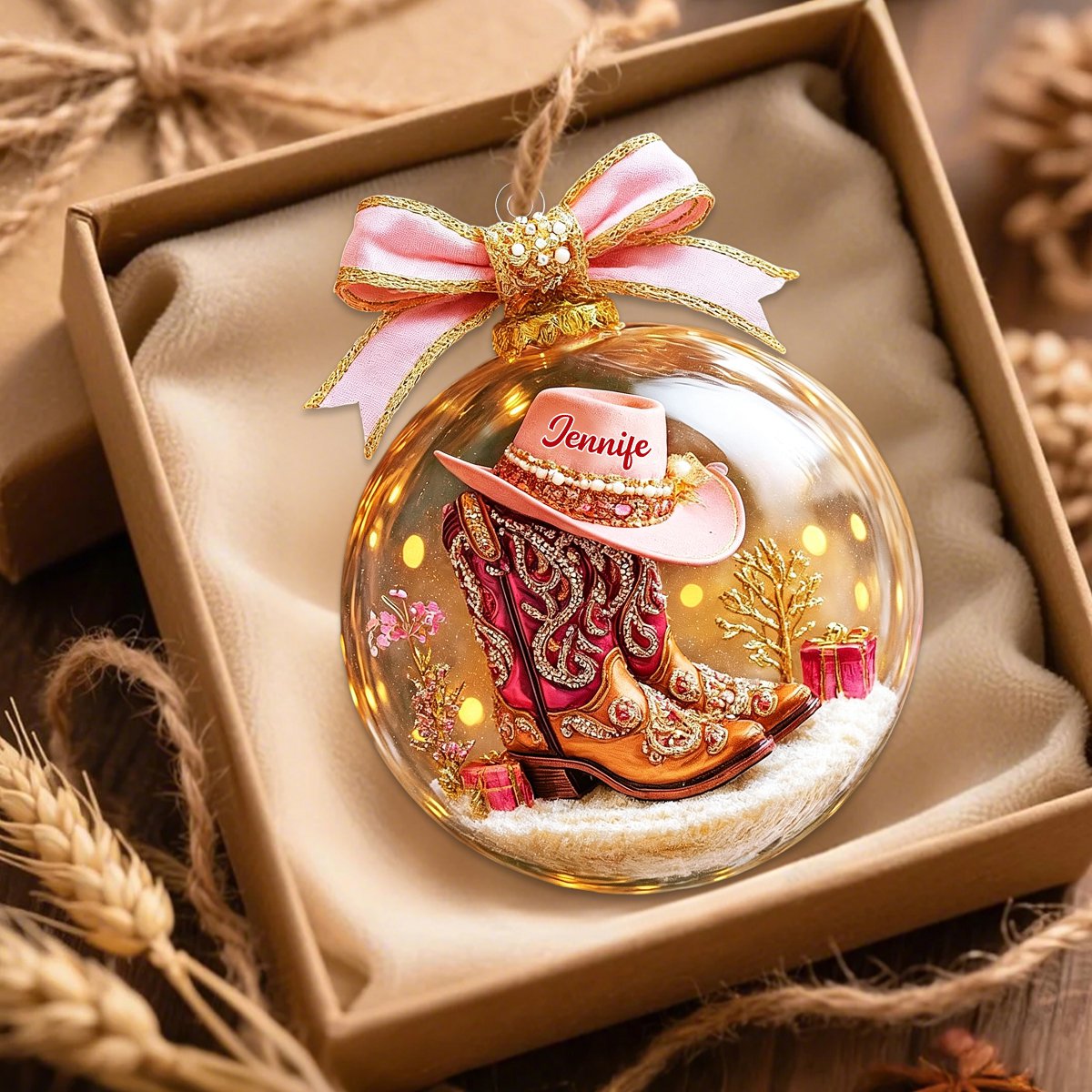 Pink Cowgirl Boot Personalized Acrylic Ornaments,Custom Horse Racing Decor, Snow Ornament Xmas Decor