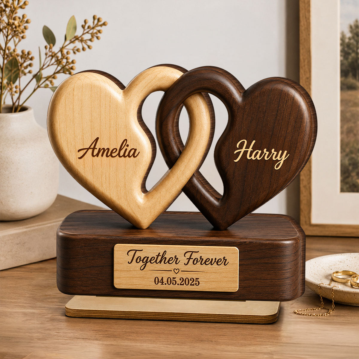 "Interlocking Hearts" Romantic Couple – Personalized Wooden Plaque | Anniversary Gift For Couples