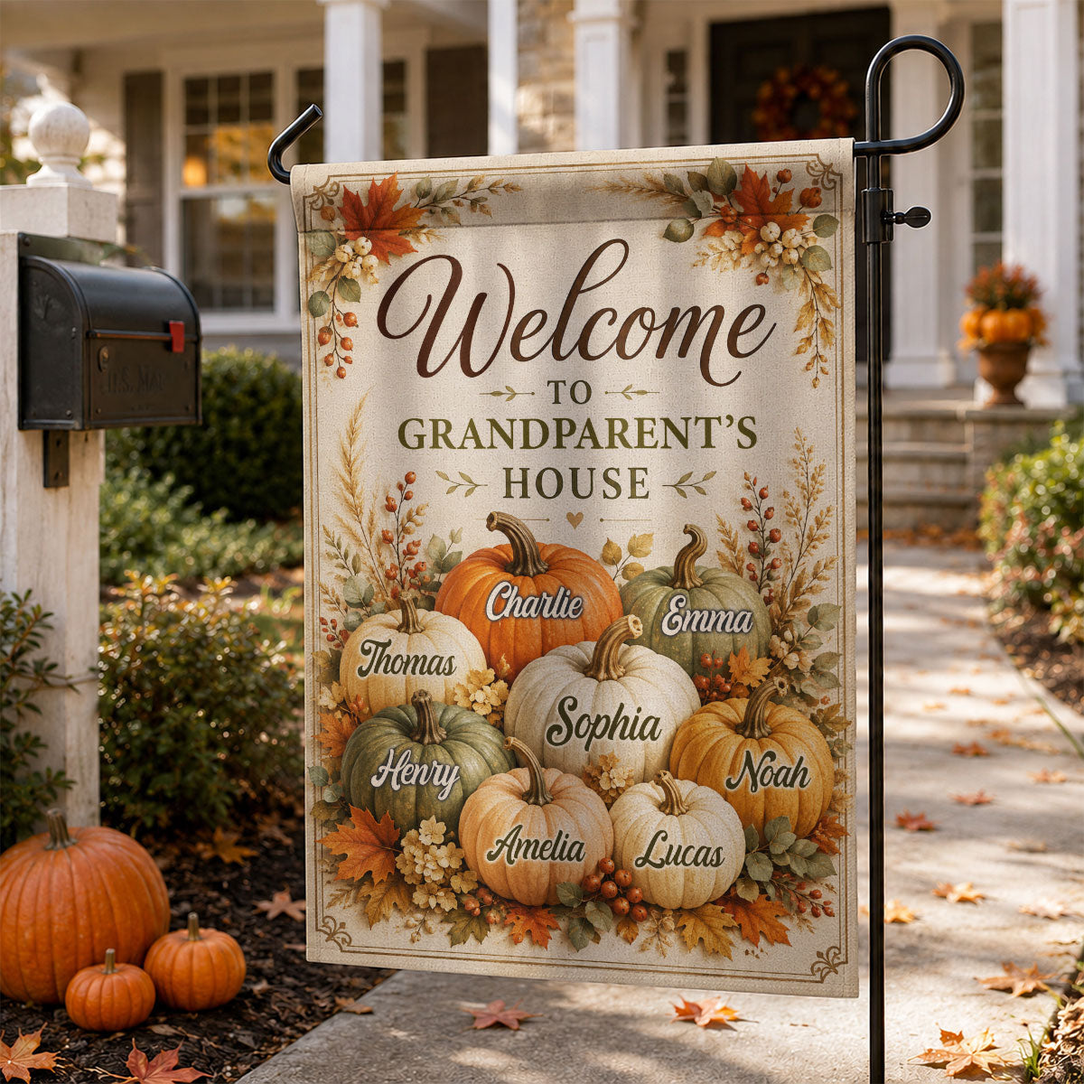Personalized "Welcome To Grandparent's House" Fall Pumpkin Garden Flag – Seasonal Decor Gift For Grandma & Grandpa