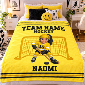 Custom Hockey Boy & Girl Name And Team Name Personalized Fleece Blanket – Christmas Gift For Hockey Players, Sons, Daughters, Grandsons & Granddaughters