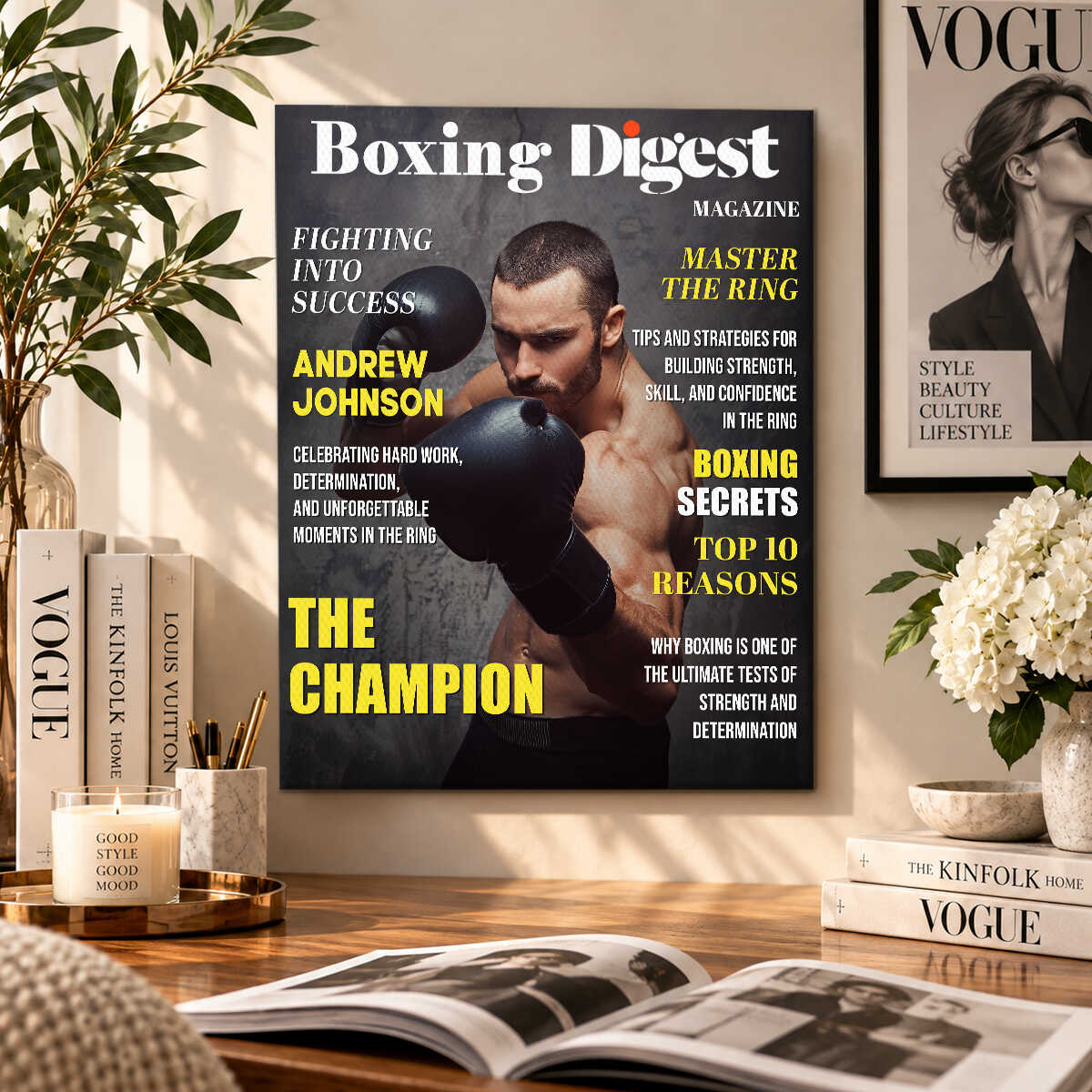 Personalized Boxing Digest Canvas – Custom Name Boxer Poster | Boxing Magazine Gift & Room Decor