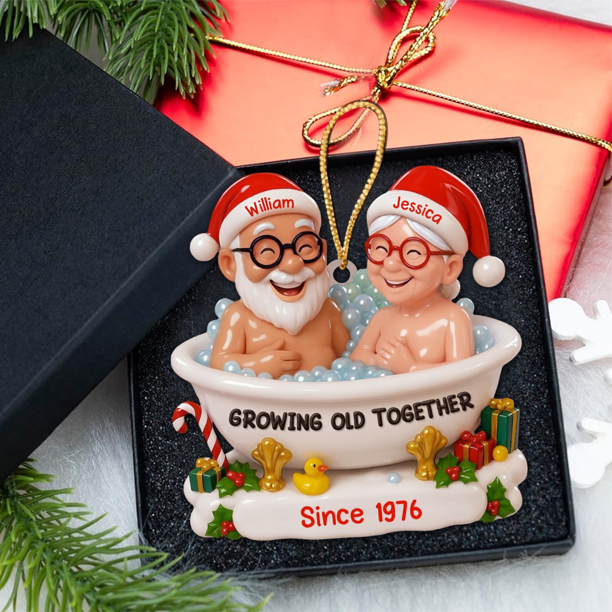 Growing Old Together With Santa Hats And bath,Custom Acrylic Ornament,Personalized Gift For Couples And Spouses