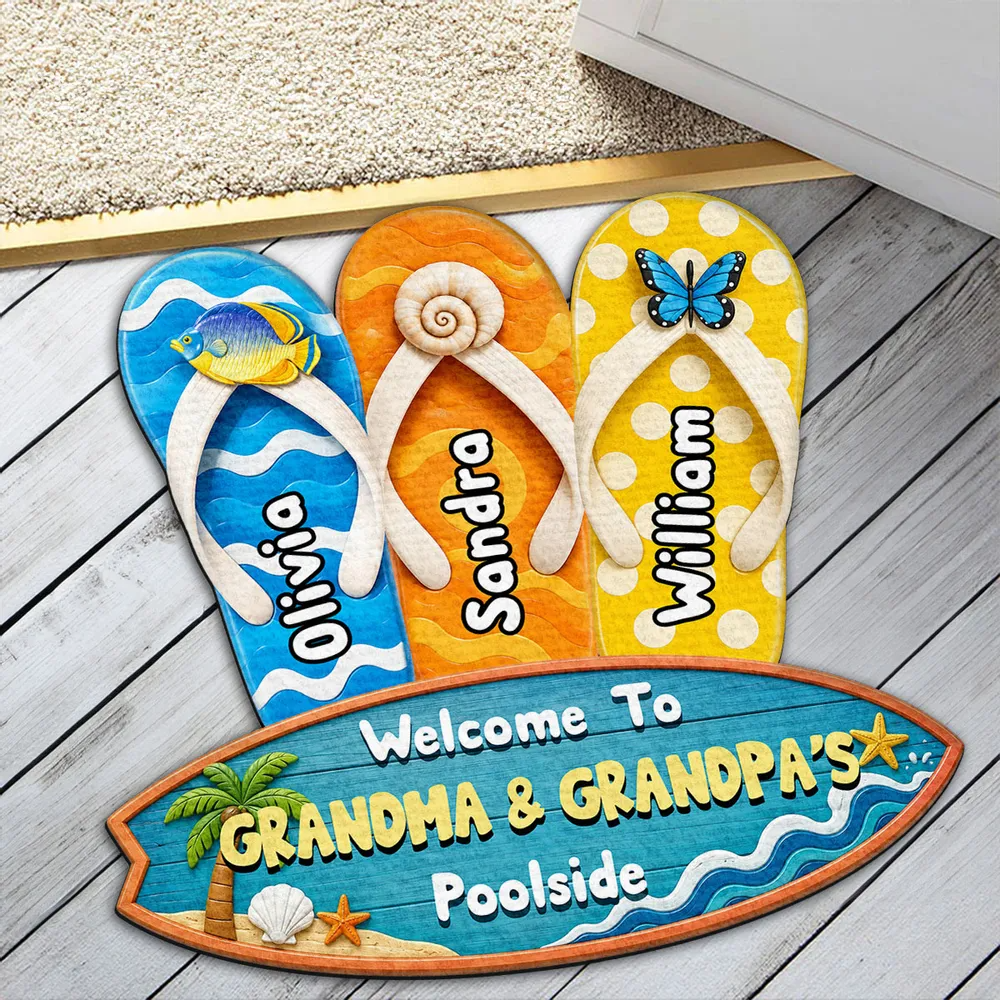 Summer Beach House Decor – Personalized "Flip Flop Family" Custom Doormat