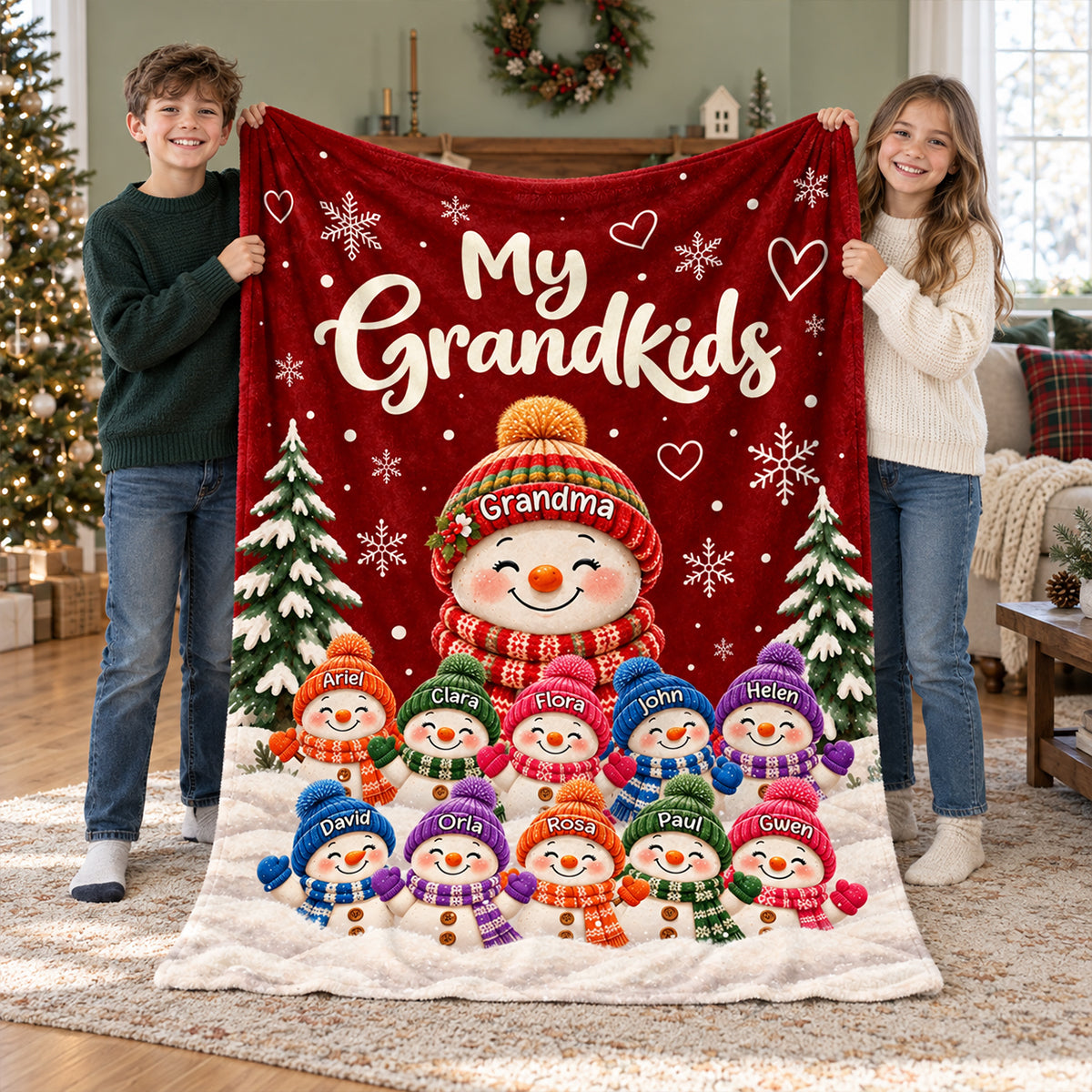 Personalized Grandkids Snowman Christmas Fleece Blanket – Custom Grandchildren’s Names Throw | Holiday Gift For Grandma & Nana