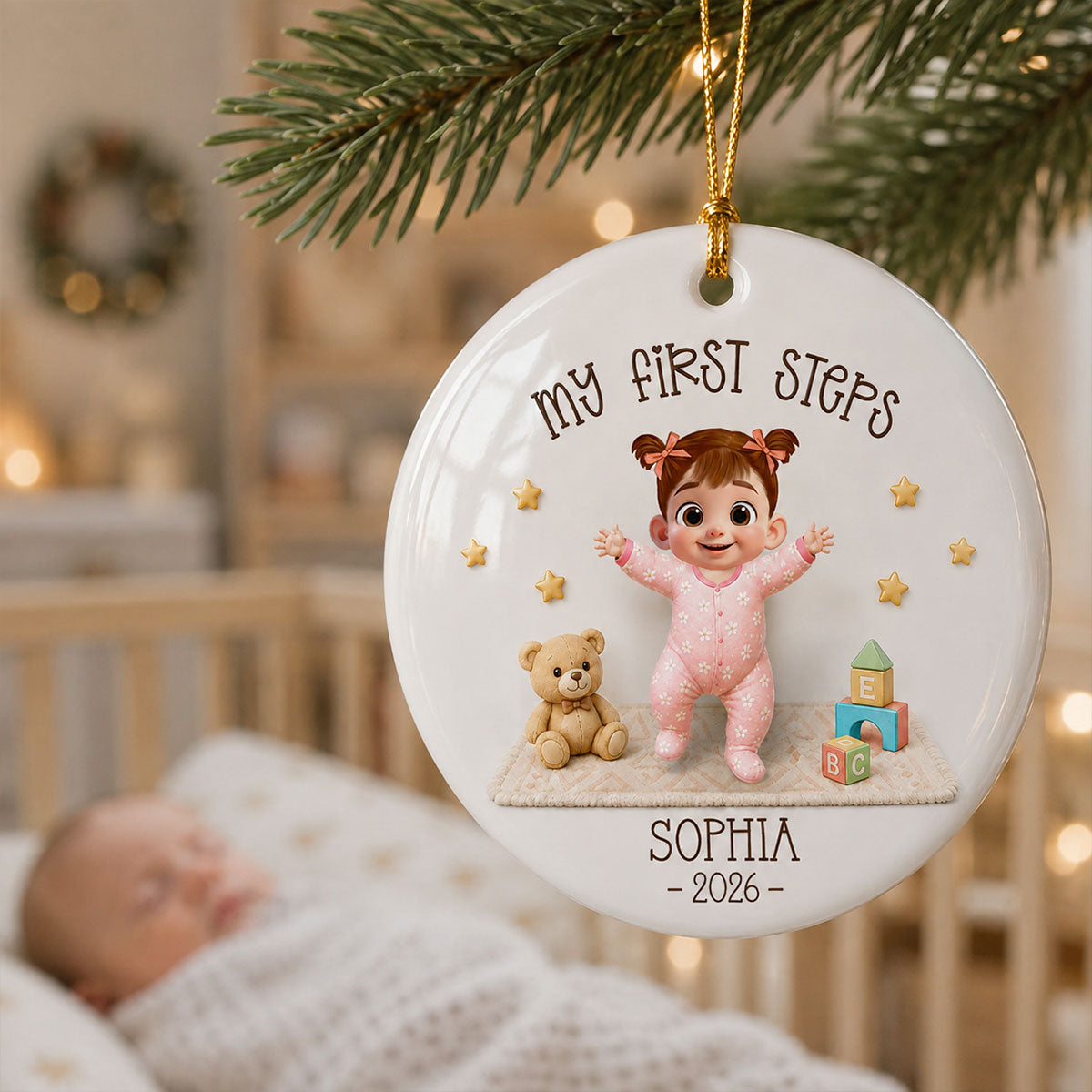 "Baby's First Steps – Learned To Walk" – Personalized Ceramic Ornament | Milestone Christmas Keepsake