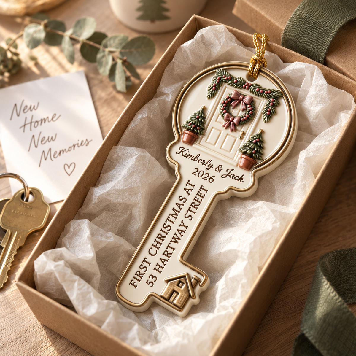 First Christmas In Our New Home – Personalized Key Acrylic Ornament | Custom Names, Address & Year Housewarming Keepsake