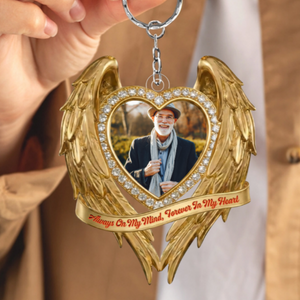 Golden Memorial Heart Wings - Personalized Heart Photo Acrylic Keychain
