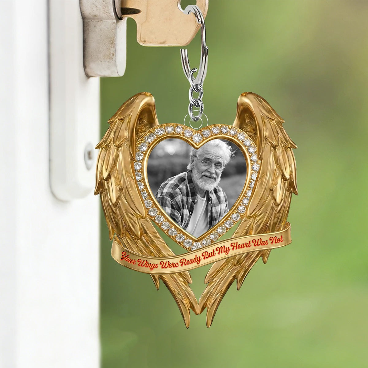 Golden Memorial Heart Wings - Personalized Heart Photo Acrylic Keychain