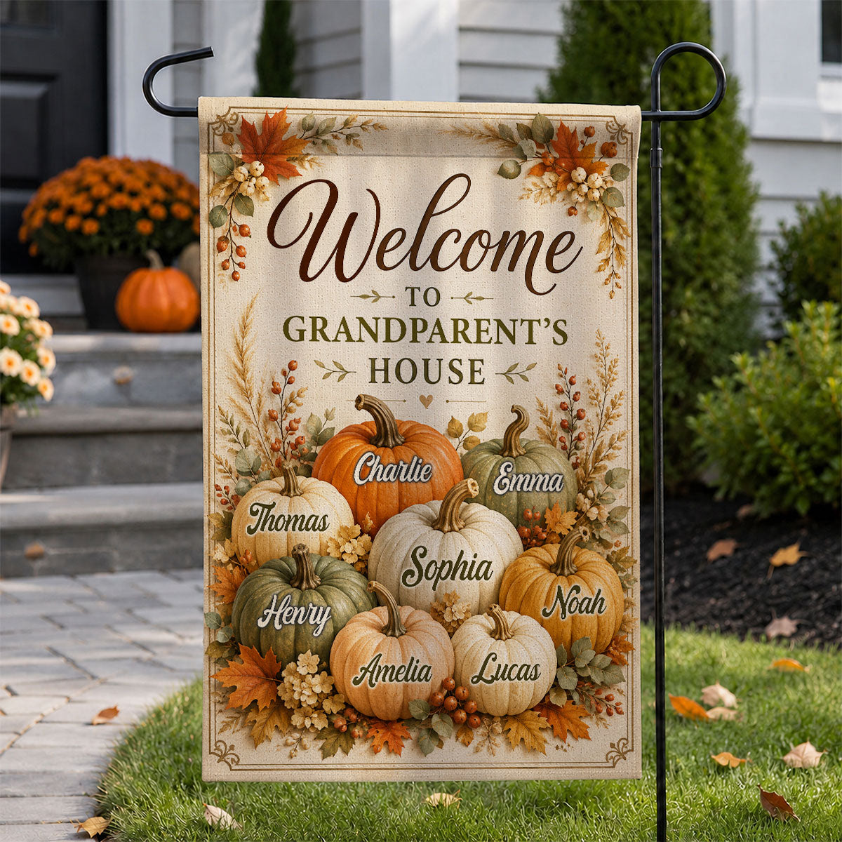 Personalized "Welcome To Grandparent's House" Fall Pumpkin Garden Flag – Seasonal Decor Gift For Grandma & Grandpa